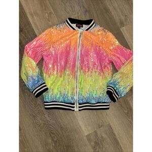 JoJo Siwa Sequin Neon Bomber Jacket Kids Large 10-12 Rainbow Glitter Nickelodeon